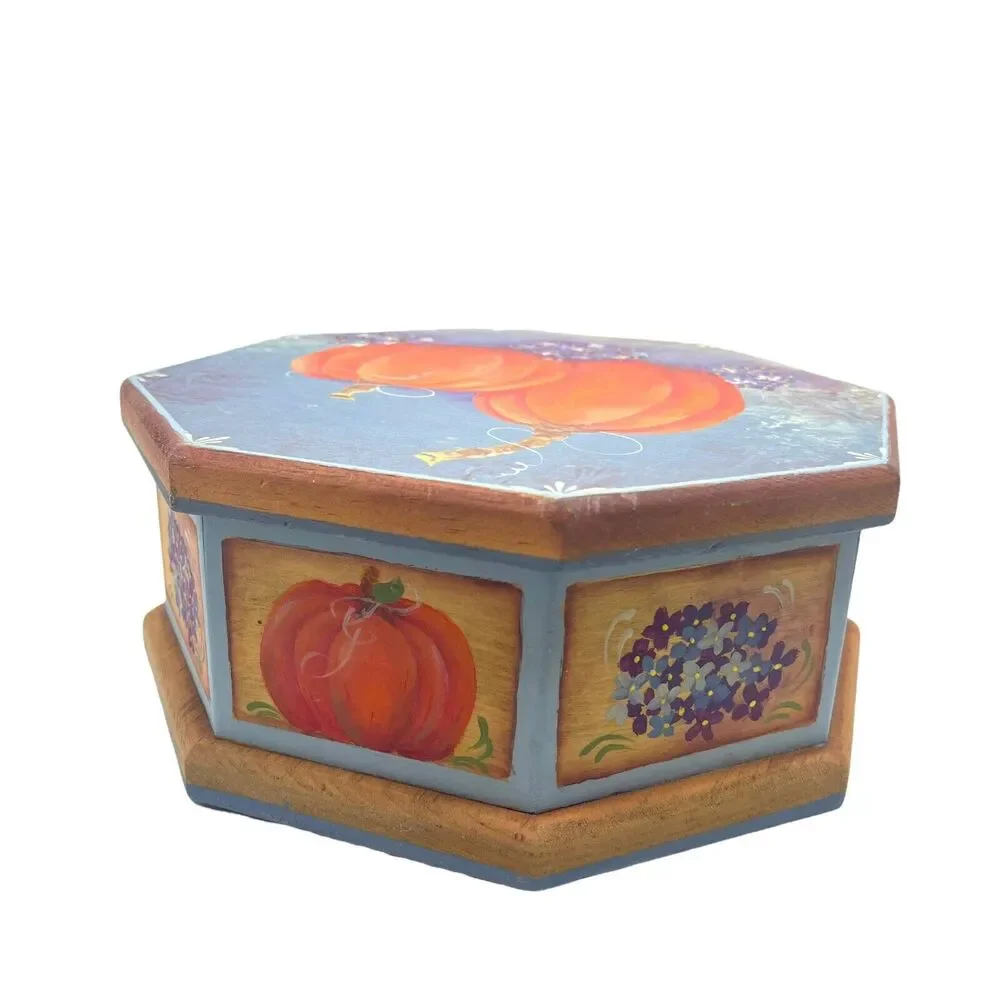 Pumpkin Painted Wooden Box Tole Paint Fall Harvest Thanksgiving Vintage Art
